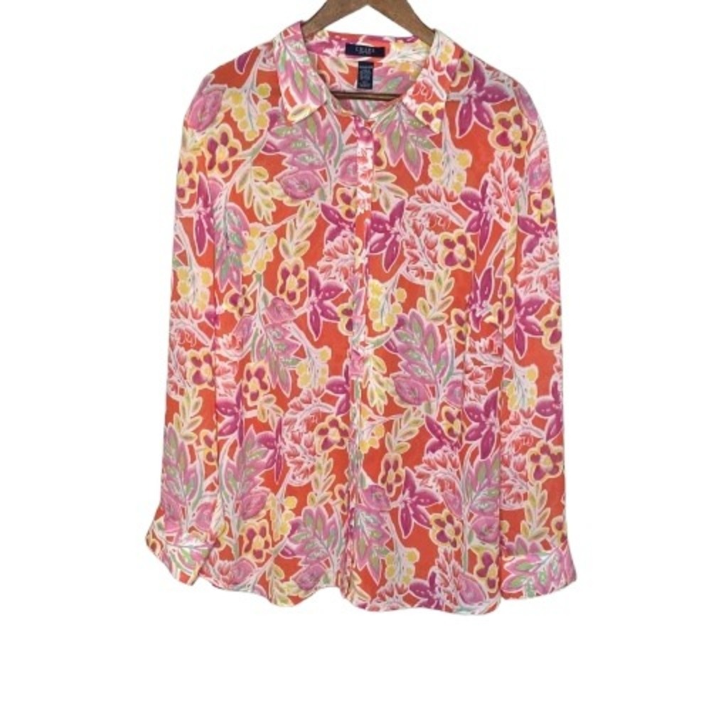 Chaps Womens Floral Button Front Blouse Top 3X Coral Colorful Long Sleeve NWT